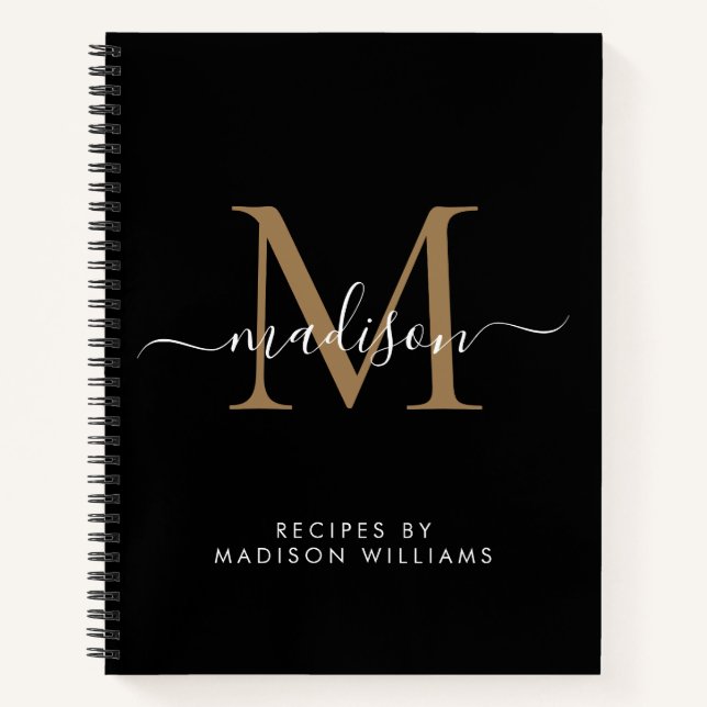 Elegante Black Gold Monogram Script Name Rezept Notizbuch (Vorderseite)