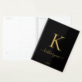 Elegante Black Gold Monogram Script Typografie Planer