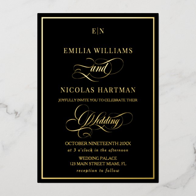 Elegante Black & Gold Monogram Wedding Folieneinladung (Vorderseite)