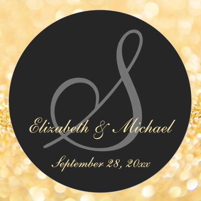 Elegante Black Gold Monogram Wedding Save the Date Runder Aufkleber (Elegant Black Gold Monogram Wedding Save the Date Classic Round Sticker)