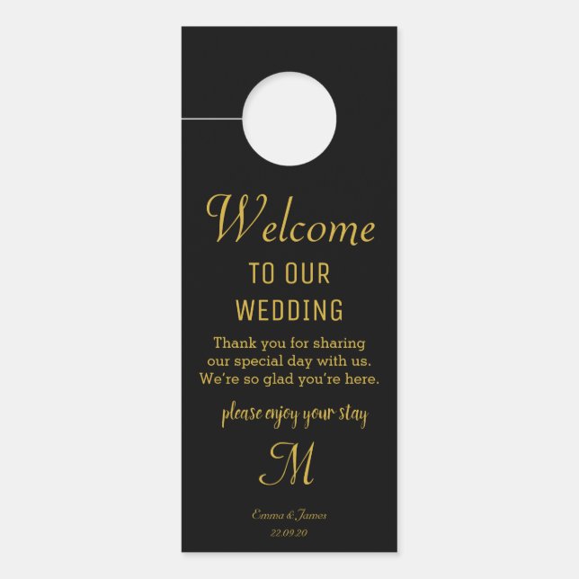Elegante Black & Gold Monogram Wedding Türanhänger (Vorderseite)