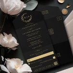 Elegante Black & Gold Monogram Wreath Wedding All In One Einladung<br><div class="desc">Feiern Sie stilvoll mit diesen eleganten und sehr trendigen Hochzeitsfeiern, die Sie bei einer Hochzeitsfeier mit einem leichten Abreißen von der RSVP-Karte erwarten. Das Design lässt sich leicht mit Ihrer speziellen Veranstaltungssprache personalisieren und Ihre Gäste werden begeistert sein, wenn sie diese fantastischen All-in-One-Einladungen erhalten. Wenn Sie passende Artikel wünschen, kontaktieren...</div>