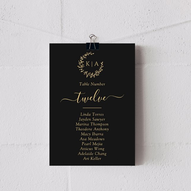 Elegante Black & Gold Monogram Wreath Wedding Card Einladung (Von Creator hochgeladen)