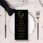 Elegante Black & Gold Monogram Wreath Wedding Menükarte<br><div class="desc">Feiern Sie stilvoll mit diesen eleganten und sehr trendigen Hochzeitsmenükarten. Dieses Design lässt sich leicht mit Ihrer speziellen Veranstaltungssprache personalisieren und Ihre Gäste werden begeistert sein,  wenn sie diese fantastischen Menüs sehen. Wenn Sie passende Artikel wünschen,  kontaktieren Sie uns bitte und wir sind hier um Ihnen zu helfen.</div>