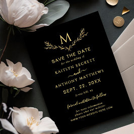Elegante Black & Gold Monogram Wreath Wedding Save The Date