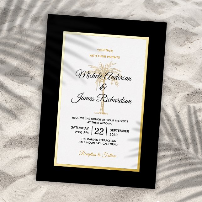 Elegante Black Gold Palm Tree Beach Hochzeit Folieneinladung (Elegant Black Gold Palm Tree Beach Wedding Gold Foil Invitation)