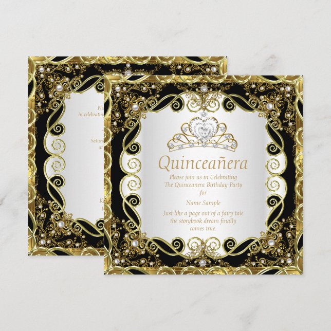 Elegante Black Gold Perle Princess Quinceanera Einladung (Vorne/Hinten)