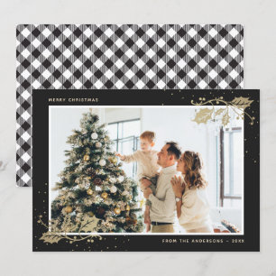 Elégante Black Gold Plaid Photo Cartes de Noël
