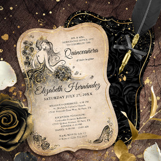 Elegante Black Gold Princess Quinceanera Geburtsta Einladung