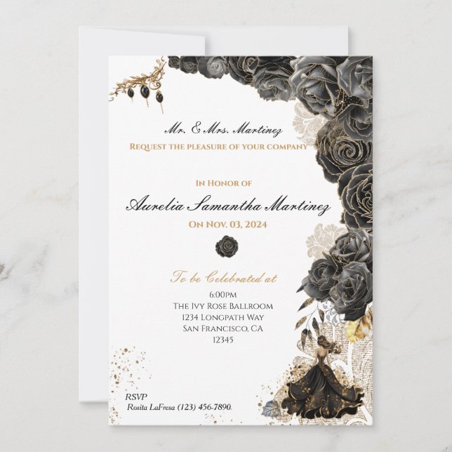 Elegante Black & Gold Quinceñera Einladung (Vorderseite)