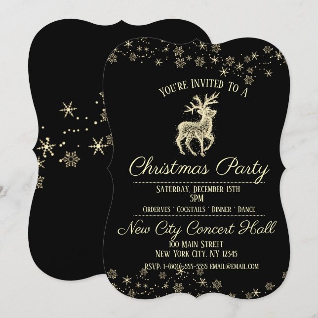 Elegante Black & Gold Rentier-Party Einladung (Vorne/Hinten)