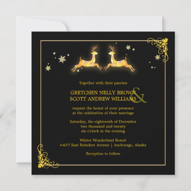 Elegante Black Gold Rentier Winter Wedding Einladung (Vorderseite)