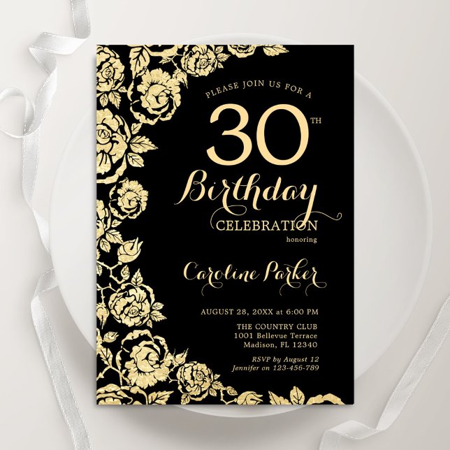 Elegante Black Gold Rose 30. Geburtstag Party Einladung (Von Creator hochgeladen)