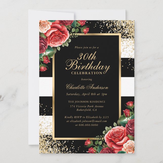 Elegante Black Gold Rote Rose Floral 30. Geburtsta Einladung (Vorderseite)