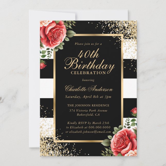 Elegante Black Gold Rote Rosen 40. Geburtstag Einladung (Vorderseite)