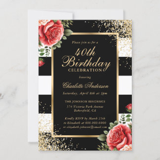 Elegante Black Gold Rote Rosen 40. Geburtstag Einladung