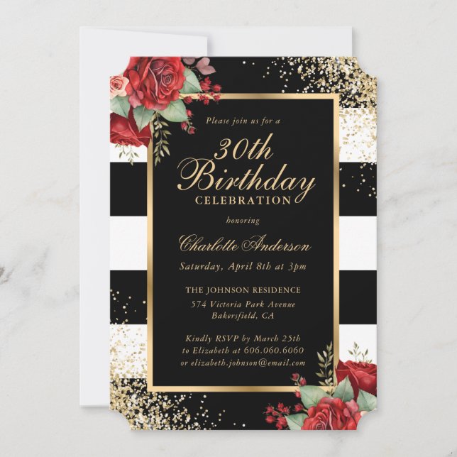 Elegante Black Gold Rote Rosen Floral 30. Geburtst Einladung (Vorderseite)