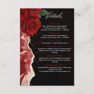 Elegante Black & Gold Rote Rosen Hochzeitsdetails  Begleitkarte