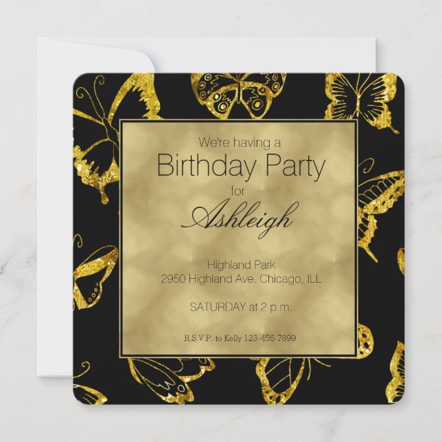 Elegante Black Gold Schmetterlinge zum Geburtstag Einladung (Vorderseite)
