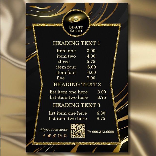 Elegante Black & Gold Schönheitssalon Preisliste Flyer (Elegant Black & Gold Beauty Salon Price List Flyer #zazzlemade #zazzlefinds #hairstyleflyer #makeup)