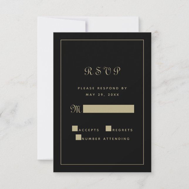 Elegante Black Gold Script Hochzeitsschick RSVP Karte (Vorderseite)