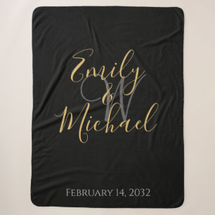 Elegante Black-Gold-Script Monogram-Hochzeit Sherpadecke