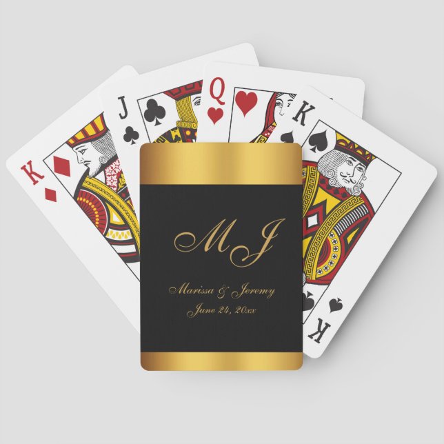 Elegante Black-Gold-Script Monogram-Hochzeit Spielkarten (Rückseite)
