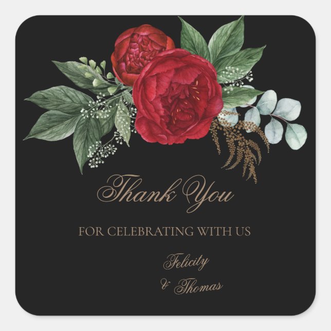Elegante Black & Gold Script Red Floral Vielen Dan Quadratischer Aufkleber (Vorderseite)