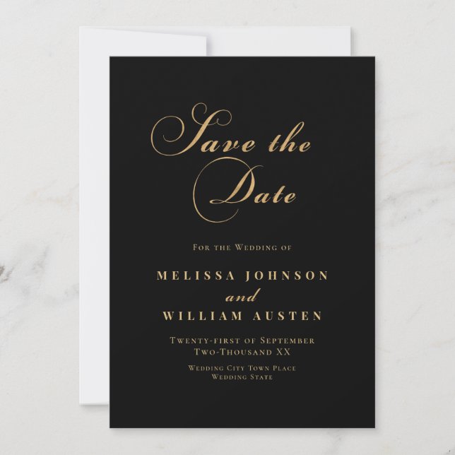 Elegante Black Gold Script Wedding Save The Date (Vorderseite)