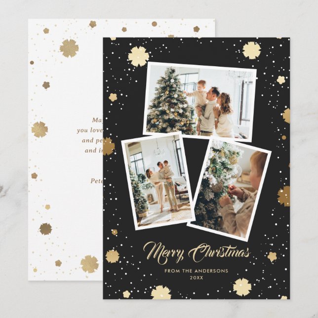 Elegante Black Gold Snowflakes 3 Foto Weihnachten (Vorne/Hinten)