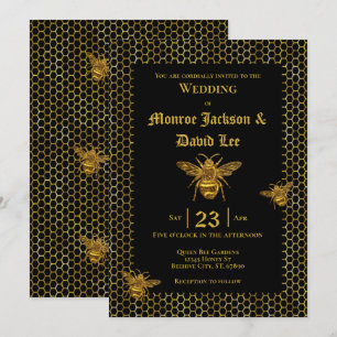 Elegante Black Gold Sparkling Bee Beehive Wedding Einladung