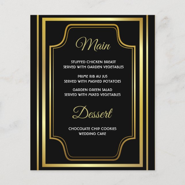 Elegante Black Gold Wedding Menu Cards (Vorderseite)