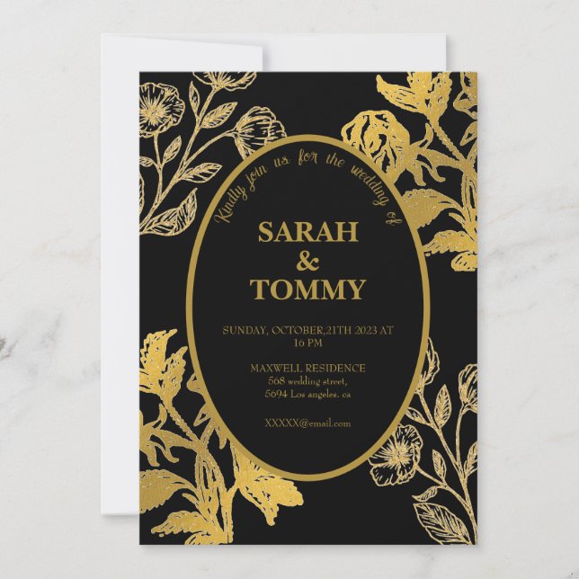 Elegante Black & Gold Wildblume Moderne Hochzeit Einladung (Vorderseite)