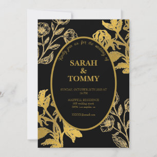 Elegante Black & Gold Wildblume Moderne Hochzeit Einladung