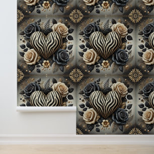 Elegante Black Gold Zebra Herz Rose Peel & Stick Tapete