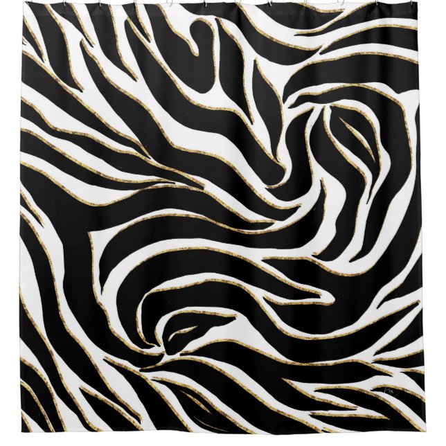 Elegante Black Gold Zebra White Animal Print Duschvorhang (Vorderseite)