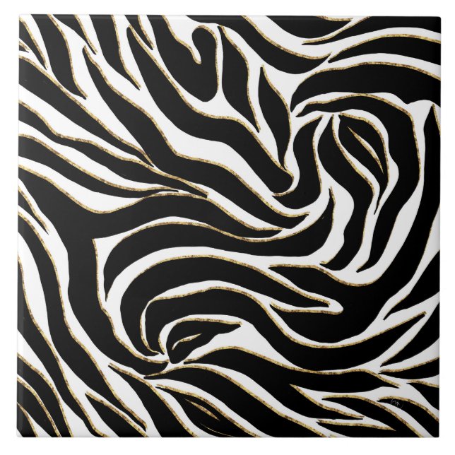 Elegante Black Gold Zebra White Animal Print Fliese (Vorderseite)