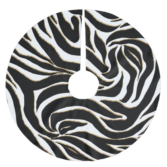 Elegante Black Gold Zebra White Animal Print Polyester Weihnachtsbaumdecke (Vorderseite)