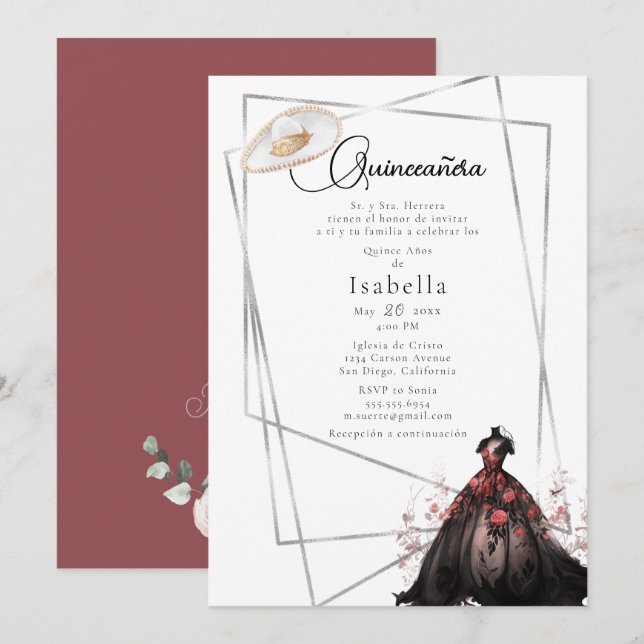 Elegante Black Gown Quinceanera Einladung (Vorne/Hinten)