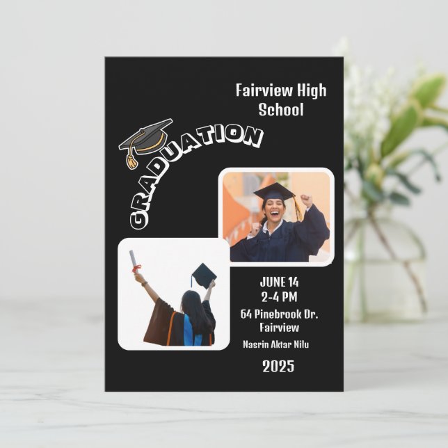 Elegante Black Graduation Party Einladung mit Freu (Stehend Vorderseite)