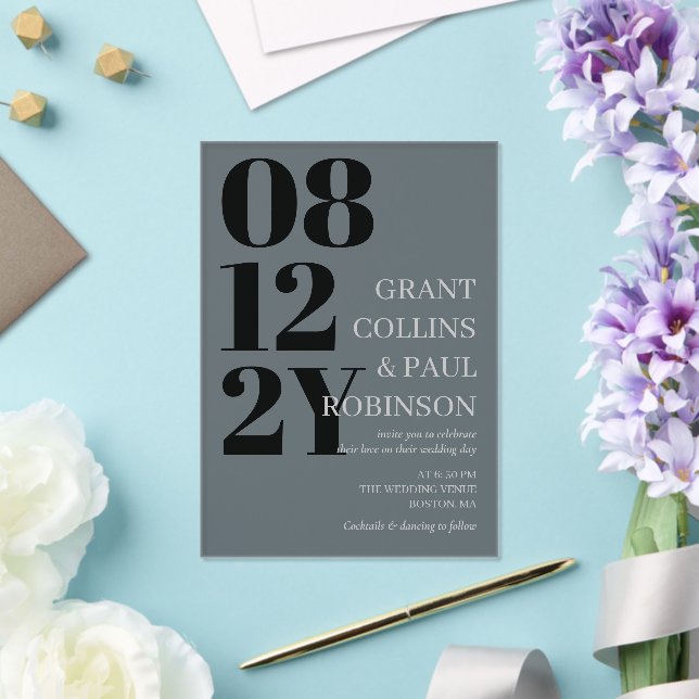 Elegante Black Gray Big Date Typografy Wedding Acryleinladungen (In Situ (Hochzeit))
