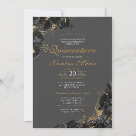 Elegante Black Gray Gold Rose Quinceanera Einladung