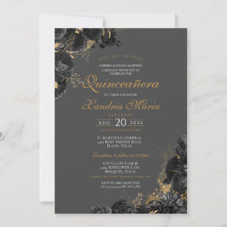 Elegante Black Gray Gold Rose Quinceanera Einladung