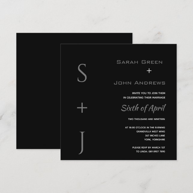 Elegante Black Gray Wedding Square Einladung (Vorne/Hinten)