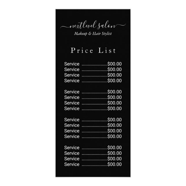 Elegante Black Hair Salon Preis Rack Card Werbekarte (Vorne)