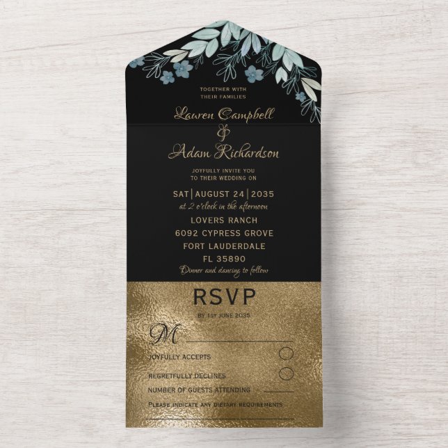 Elegante Black & Imitate Gold Foliage All In One Einladung (Innen Boden)