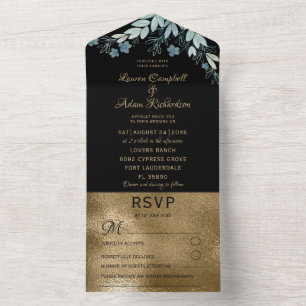 Elegante Black & Imitate Gold Foliage All In One Einladung