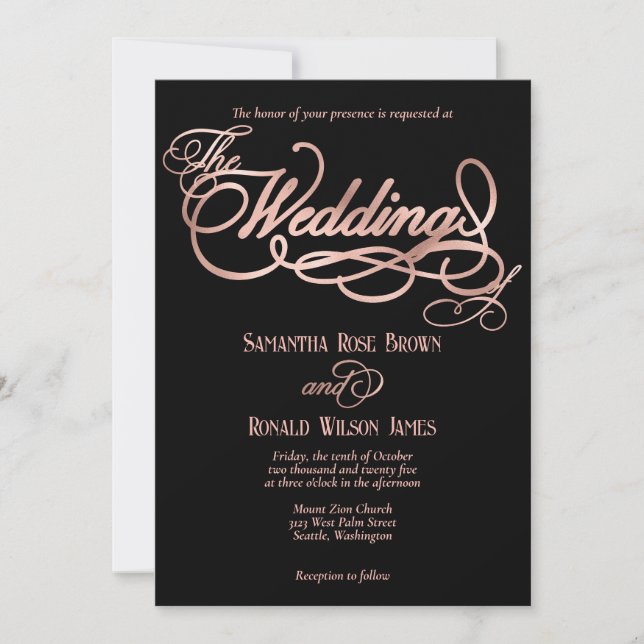Elegante Black & Imitats Rose Gold Calligraphy Wed Einladung (Vorderseite)
