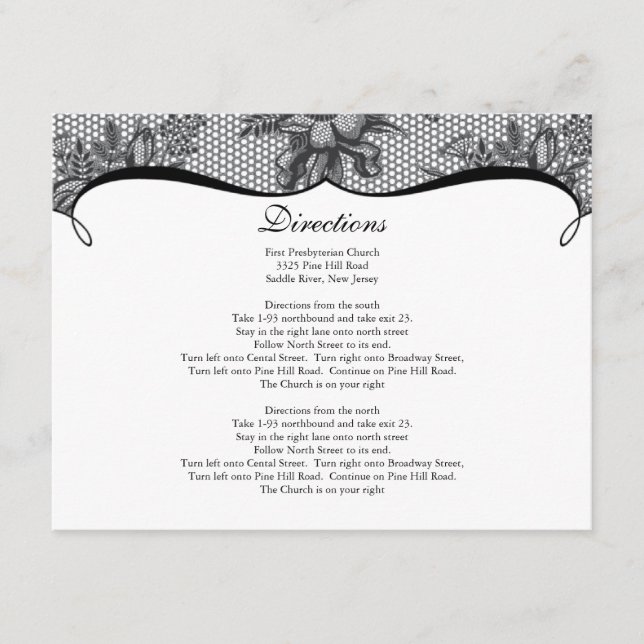 Elegante Black Lace Direction Card Begleitkarte (Vorderseite)