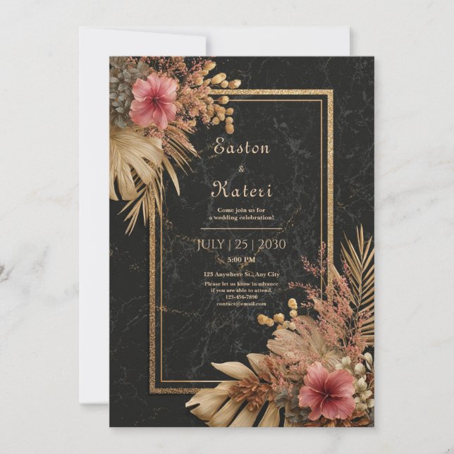 Elegante Black Marble & Gold Floral VIP Hochzeit Einladung (Vorderseite)